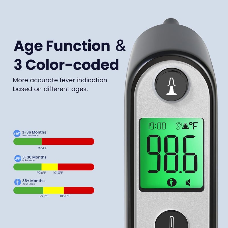 Viproud Ear Thermometer for Kids, Babies and Adults, 1 Second Accurate Digital Thermometer, Mute Function, 3-Color Fever Alert, 3 Age Groups, 30 Memory Recall with 20x Probe Covers (Dark Black) - Image 4